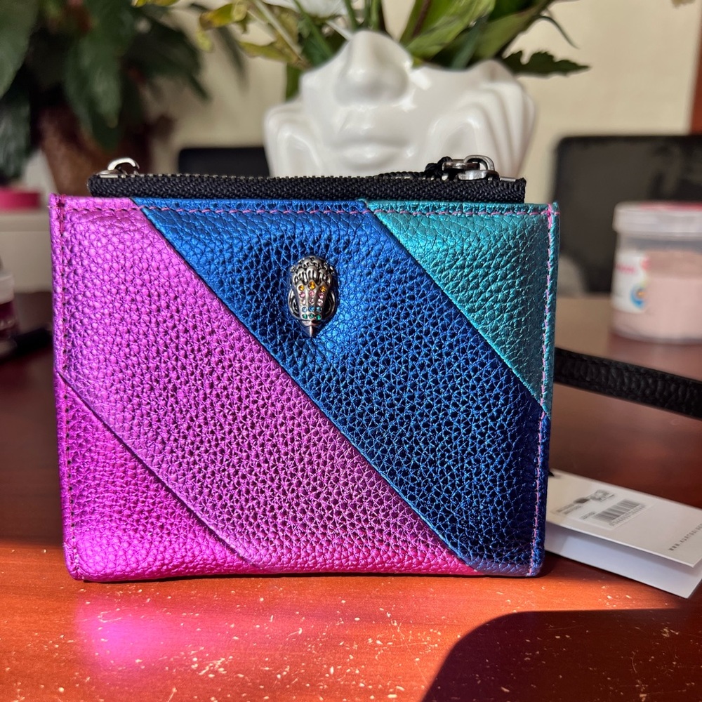 Kurt Geiger Mini Purse with Strap Leather Wristlet Metallic Rainbow Wallet